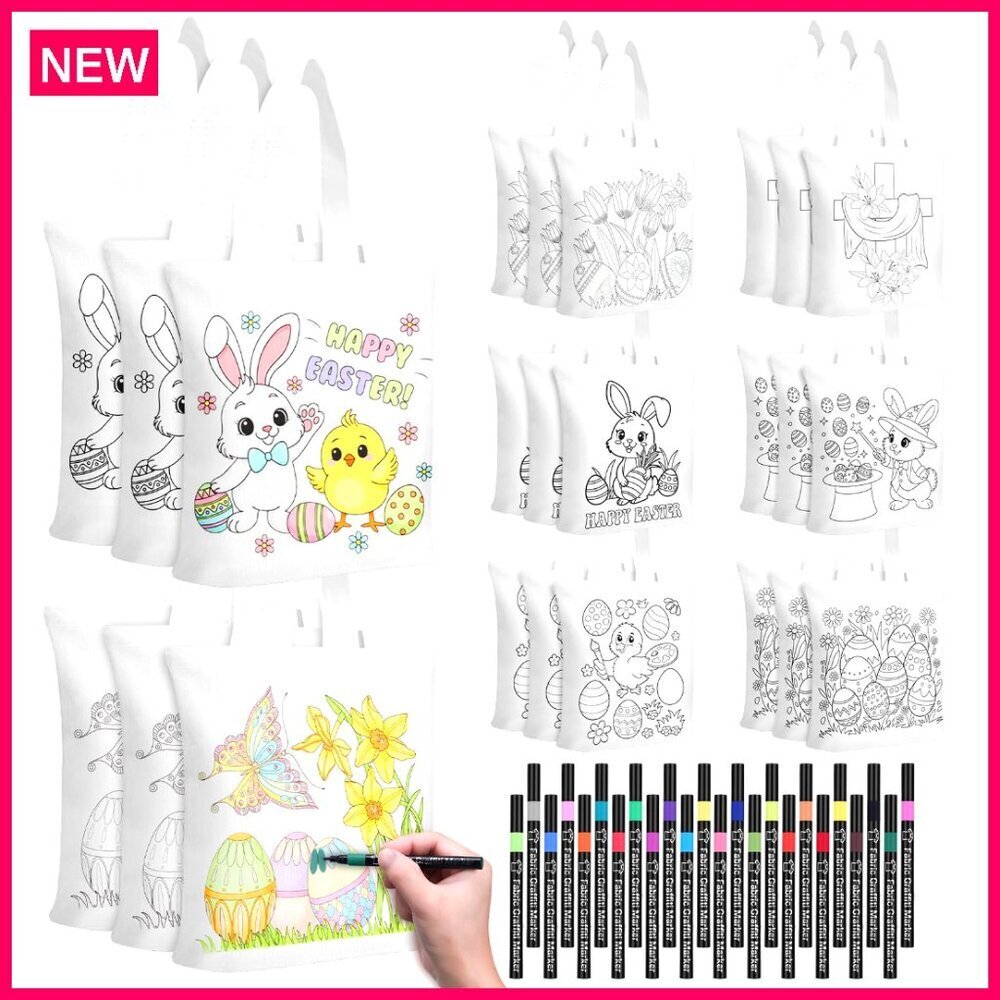 DIY Easter Tote Bag Craft Kit 24 Canvas Bags Fabric Markers Art Set